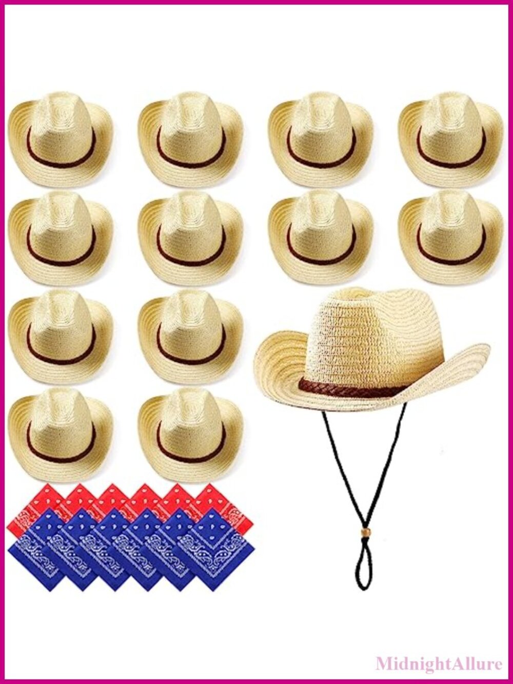 Straw Cowboy Hat Set 12 Pack with Bandanas Braided Trim One Size Party Costume